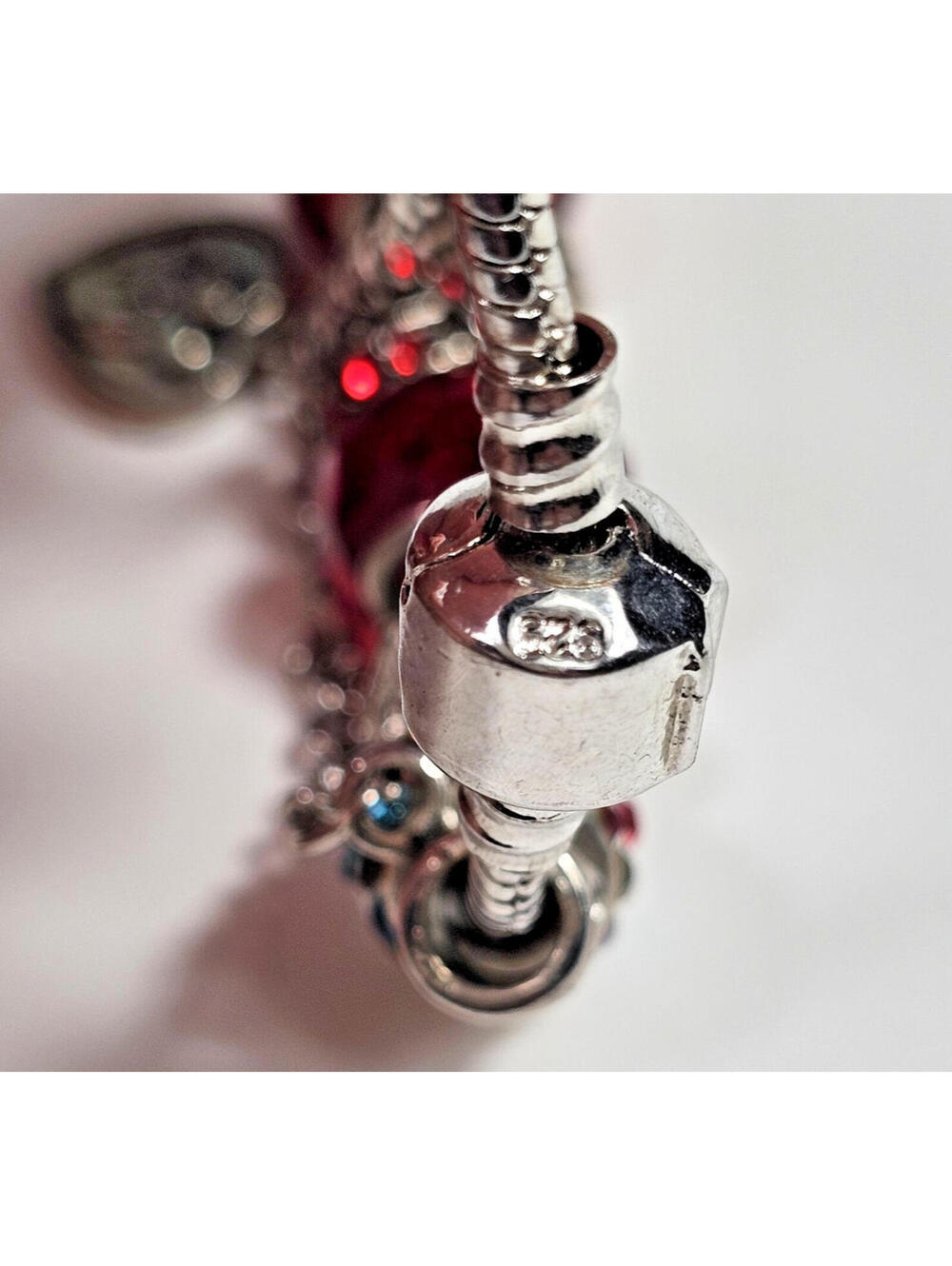 925 Charm Bracelet w 14 Charms & Safety Chain Red Love Glass, Enamel, Filigree - Picture 12 of 13